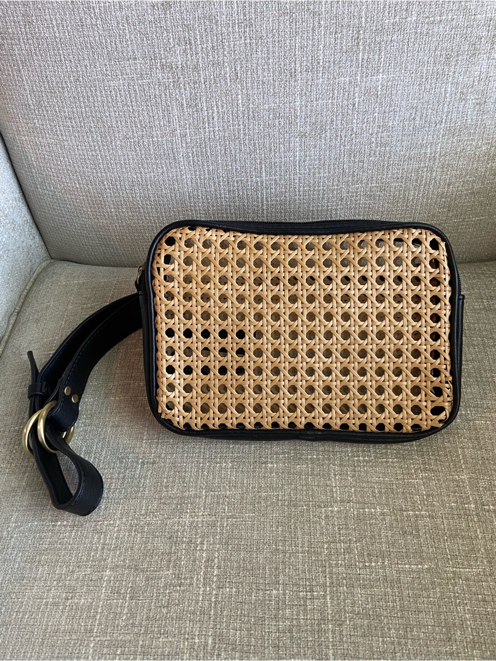 Free People Beach Bum Sling Bag Black Rattan Woven Belt Bag Fanny Pack Boho